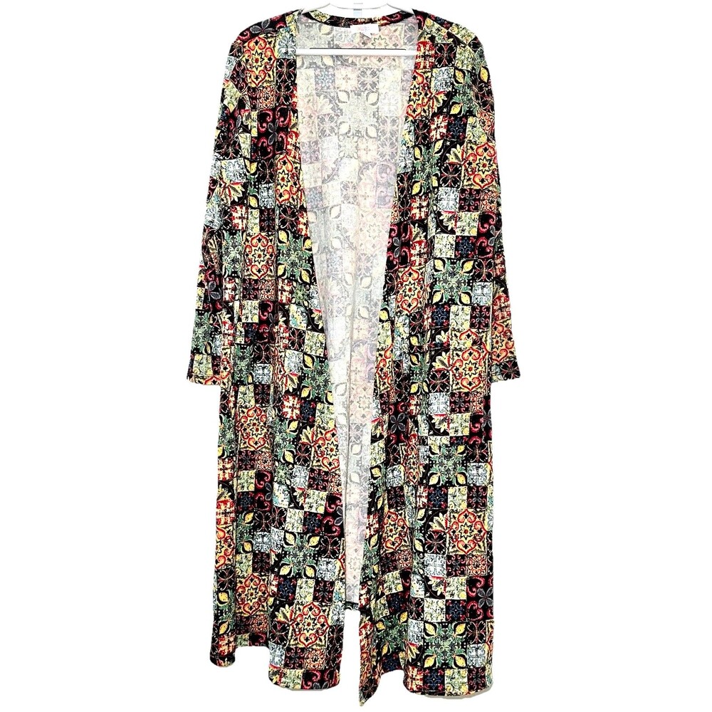 LuLaRoe Sarah Cardigan XL Patchwork Mosaic Boho Long Duster Open Front
